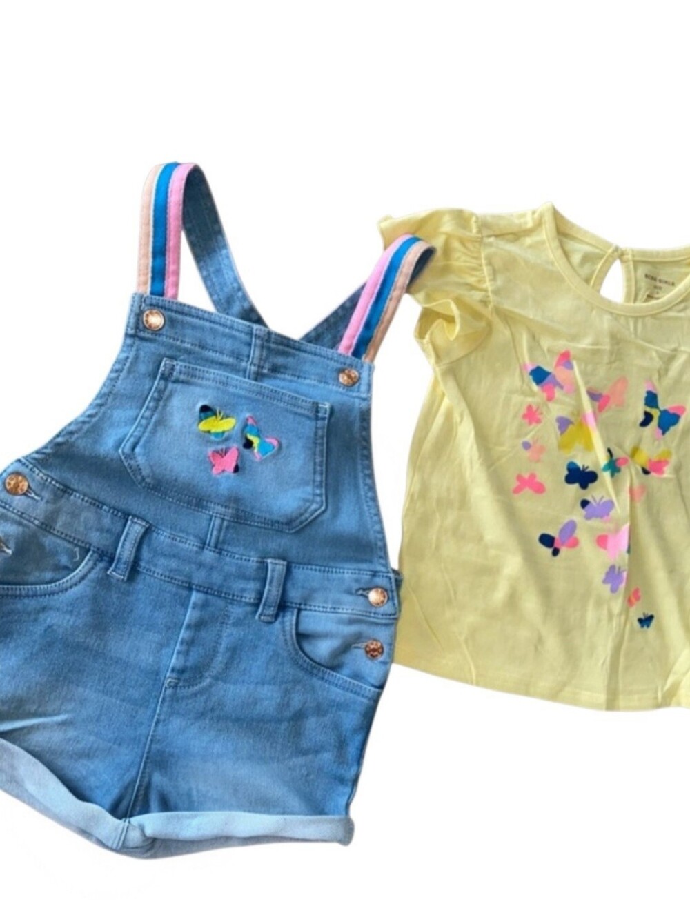Girls Yellow Butterfly Tee & Blue Denim Short Overalls Set